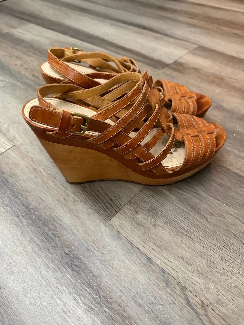 Coach Cognac Leather Strappy Wedge Sandals